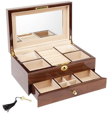 The Russell Collection Walnut Veneer Timber 28cm Single Draw Jewellery Box