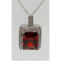Emerald Cut Created Ruby and Cubic Zirconia Sterling Silver Pendant