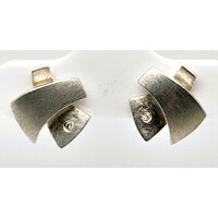 Sterling Silver Polished & Satin Finished Diamond Set Stud Earrings