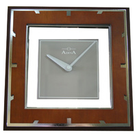 Wall Clock Quiet Square Dark Walnut Timber Silver and Clear Glass with White Metal Hands  CL15-A5087