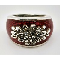 Marcasite and Red Enamel Dome Sterling Silver Ring Size O