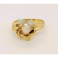 18 Carat Yellow Gold 3 Hearts of Solid White Opal and Diamond Dress Ring AUS Size M