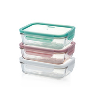 3 Piece Set of 400ml Rectangular Tempered Glass Food Containers with Coloured Lids