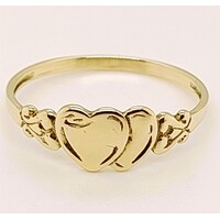 9 Carat Yellow Gold Double Heart Signet Ring AUS Size O½
