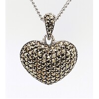 Sterling Silver Marcasite Set Puff Heart Pendant