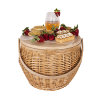Round Insulated Wicker/Pine Wood Top Zen Arc Pattern Picnic Basket