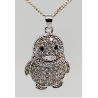 Sterling Silver Cubic Zirconia Penguin Pendant with Sapphire Eyes - CLEARANCE