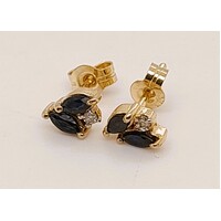 9 Carat Yellow Gold Marquis Shaped Sapphire and Diamond Set Stud Earrings