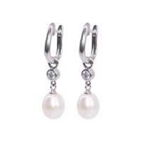 Sterling Silver Freshwater Pearl and Cubic Zirconia Drop Huggie Earrings CLEARANCE