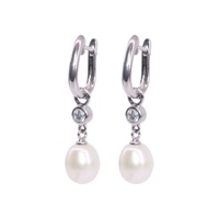 Sterling Silver Freshwater Pearl with Cubic Zirconia Drop Huggie Earrings
