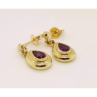 9 Carat Yellow Gold Pear Shaped Amethyst Drop Earrings