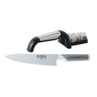 Global 2 Piece Starter Set - G-2 20cm Cooks Knife with 2 Stage Water Sharpener