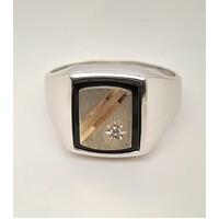 Two Tone Sterling Silver & 9 Carat Yellow Gold Onyx and Cubic Zirconia Ring AUS Size U