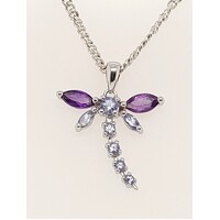 9 Carat White Gold Amethyst and Tanzanite Dragonfly Pendant