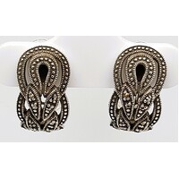 Sterling Silver Marcasite Set Semi-round Earrings