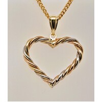 3 Tone 9 Carat Yellow Rose and White Gold Twisted Heart Pendant