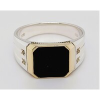 Sterling Silver & 9 Carat Yellow Gold Black Onyx & Diamond Ring AUS Size U½
