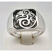 Black Enameled Dragon Emblem Sterling Silver Signet Ring AUS Size V