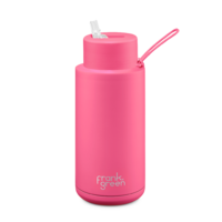 Neon Pink 1000ml (34oz) Stainless Steel Ceramic Reusable Bottle with Straw Lid