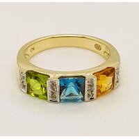 9 Carat Yellow Gold Princess Cut Multi-coloured Ring AUS Size O½