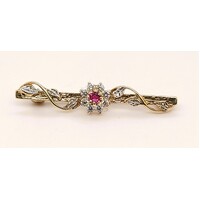 9 Carat Yellow Gold Ruby and Diamond Flower Bar Brooch