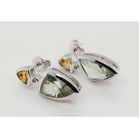 Sterling Silver Green Amethyst and Citrine Drop Earrings Bezel Set Gemstone