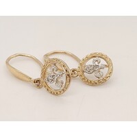9 Carat Yellow and White Gold Diamond Set Fleur-de-Lys Drop Earrings