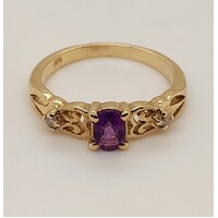 9 Carat Yellow Gold Amethyst and Diamond Dress Ring AUS Size O