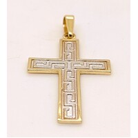 9 Carat Two Tone Yellow & White Gold Greek Key Pattern Cross Pendant