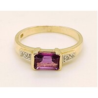 9 Carat Yellow Gold Amethyst and Diamond Set Dress Ring AUS Size O