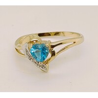 9 Carat Yellow Gold Heart Shaped Blue Topaz with Diamond Dress Ring AUS Size O