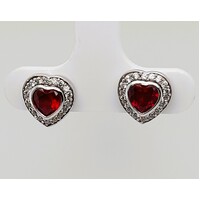 Sterling Silver Red Cubic Zirconia Heart Shaped Earrings