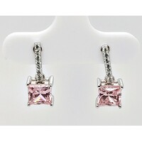Sterling Silver Princess Cut Pink Cubic Zirconia Drop Earrings