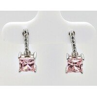 Sterling Silver Princess Cut Pink Cubic Zirconia Drop Earrings - CLEARANCE