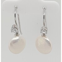 White Penny Pearl with Cubic Zirconia Drop Sterling Silver Earrings