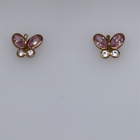 9 Carat Yellow Gold Pink and Clear Stone Butterfly Stud Earrings