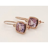 9 Carat Rose Gold Pink Amethyst and Diamond Drop Earrings