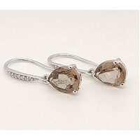 9 Carat White Gold Smokey Quartz and Diamond Drop Earrings
