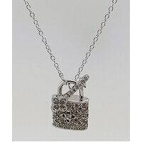 Sterling Silver Cubic Zirconia Padlock and Key Necklace