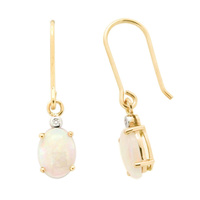 Solid White Oval Opal and Diamond Drop Earrings 9 Carat Yellow Gold 