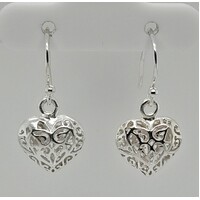 Sterling Silver Filigree Puff Heart Drop Earrings