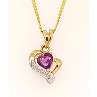 9 Carat Yellow Gold Claw Set Heart Shaped Amethyst and Diamond Pendant