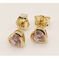 9 Carat Yellow Gold Pink Cubic Zirconia Heart Stud Earrings
