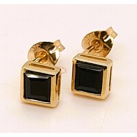 9 Carat Yellow Gold Square Cut Blue Sapphire Stud Earrings 