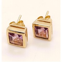 9 Carat Yellow Gold Bezel Set Amethyst Stud Earrings