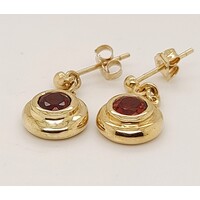 9 Carat Yellow Gold Bezel Set Garnet Drop Stud Earrings