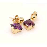 9 Carat Yellow Gold Square Cut Amethyst Drop Earrings