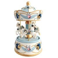 Petite Blue Resin 3 White Horse Musical Carousel