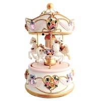 Petite Rose Resin 3 White Horse Musical Carousel
