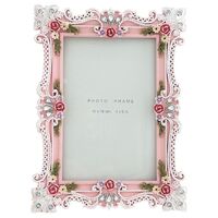 Pink Floral Resin Photo Frame with White Lace and Crystals 10 x 15cm (4 x 6") 'Mia'